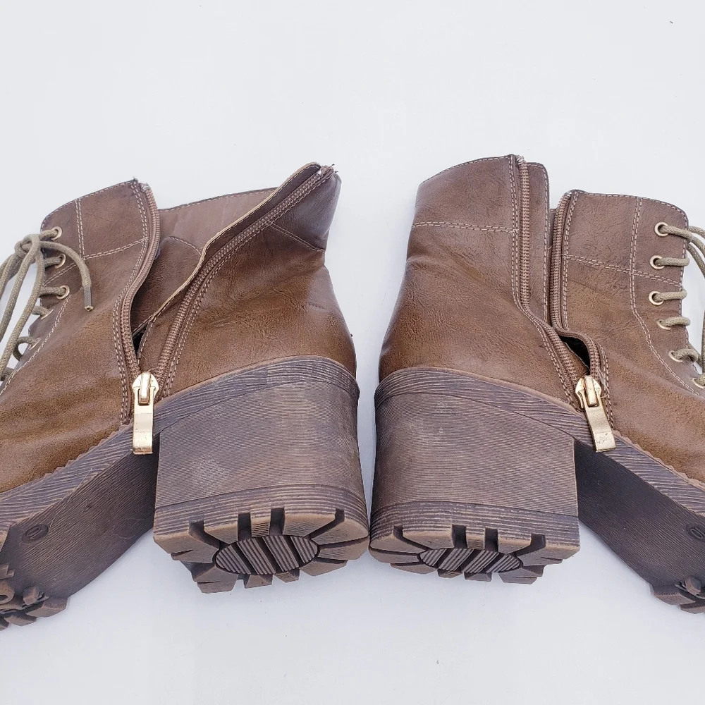 Vintage 90s Y2K Platform Lace Up Boots Chunky Brown Faux Leather Women's Size 10
